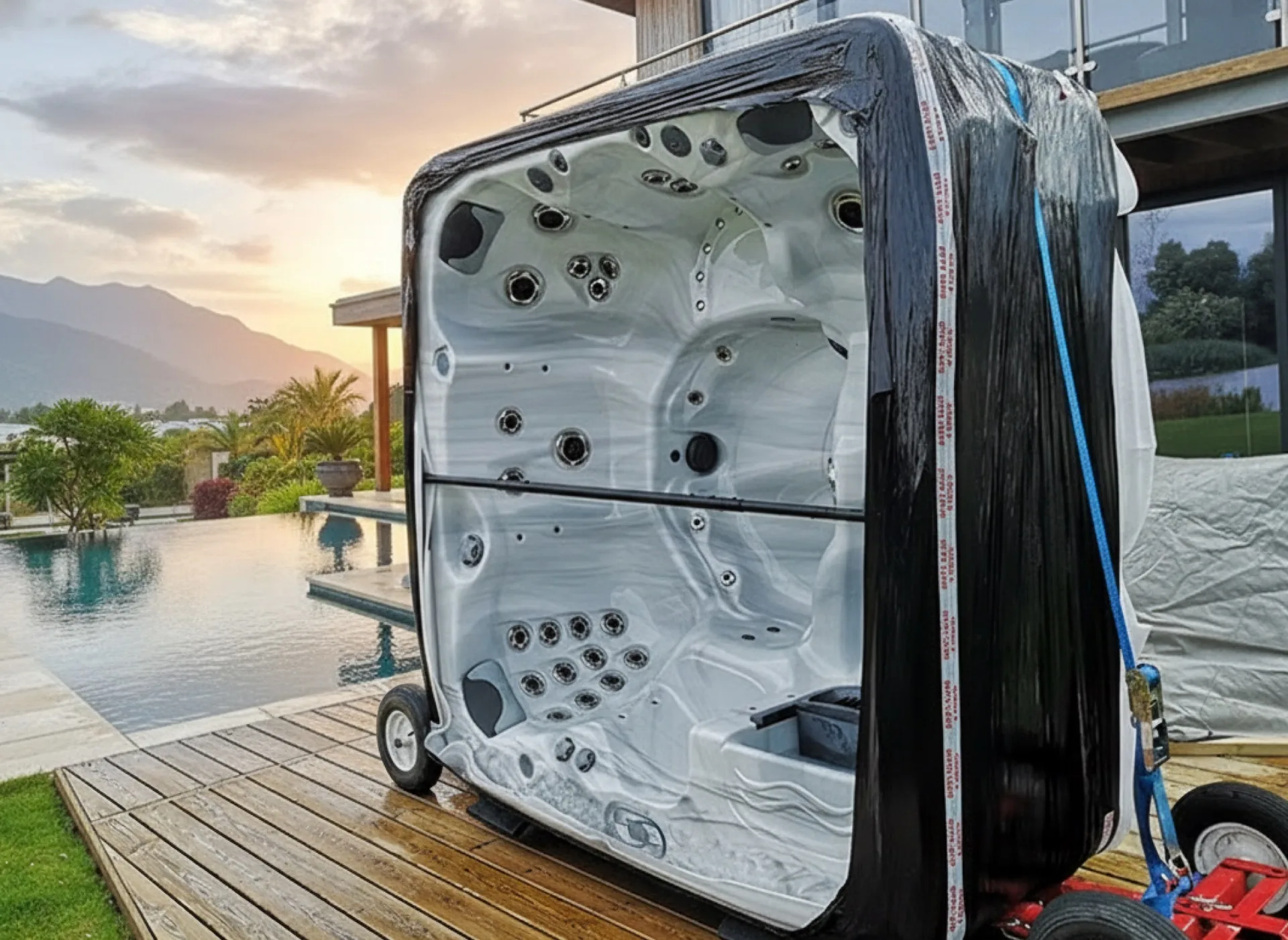 Hot tub on luxury wooden deck